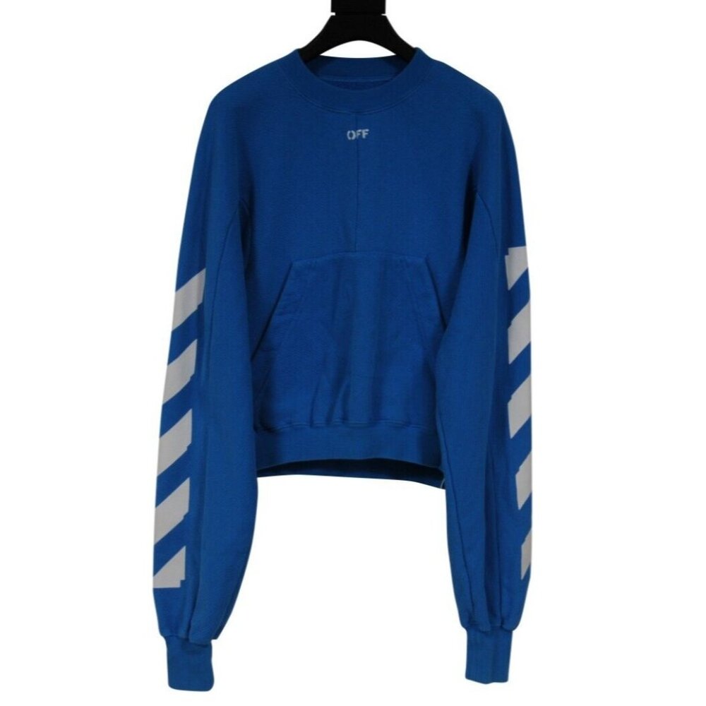 Off White Womens Diagonal Logo Sweatshirt Small Blue White Cotton Long